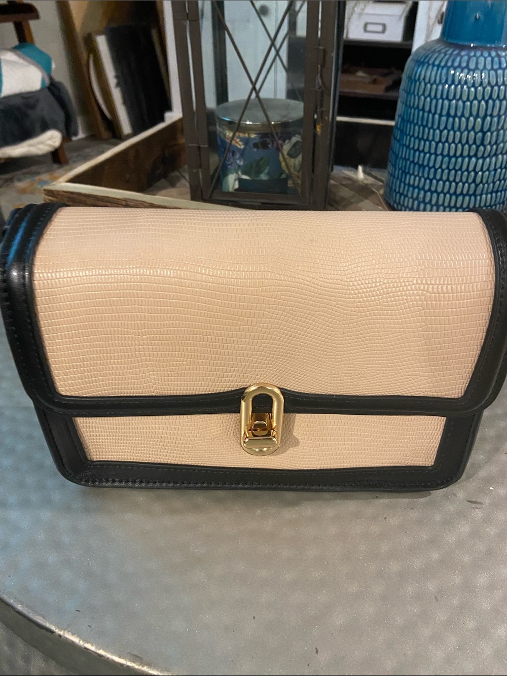 Two-Tone Blush and Black Crossbody Bag with Gold Clasp